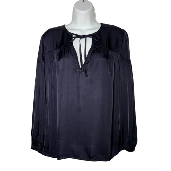 Nation LTD Rochelle Shirred Peasant Top Satin Navy Blue Viscose XS Boho Blouse - Picture 1 of 14